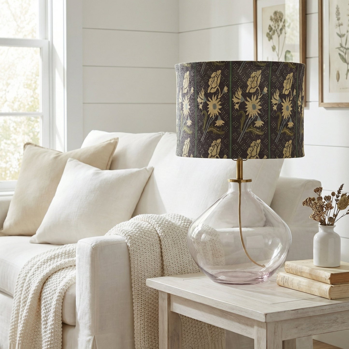 Waylon Vintage Floral Drum Shade Clear Glass Table Lamp