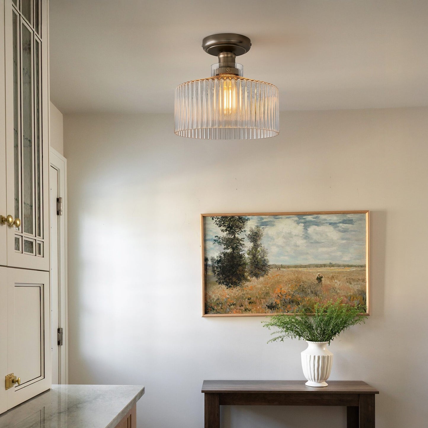 Bramwell Industrial Ribbed Glass Flush Mount Ceiling Light