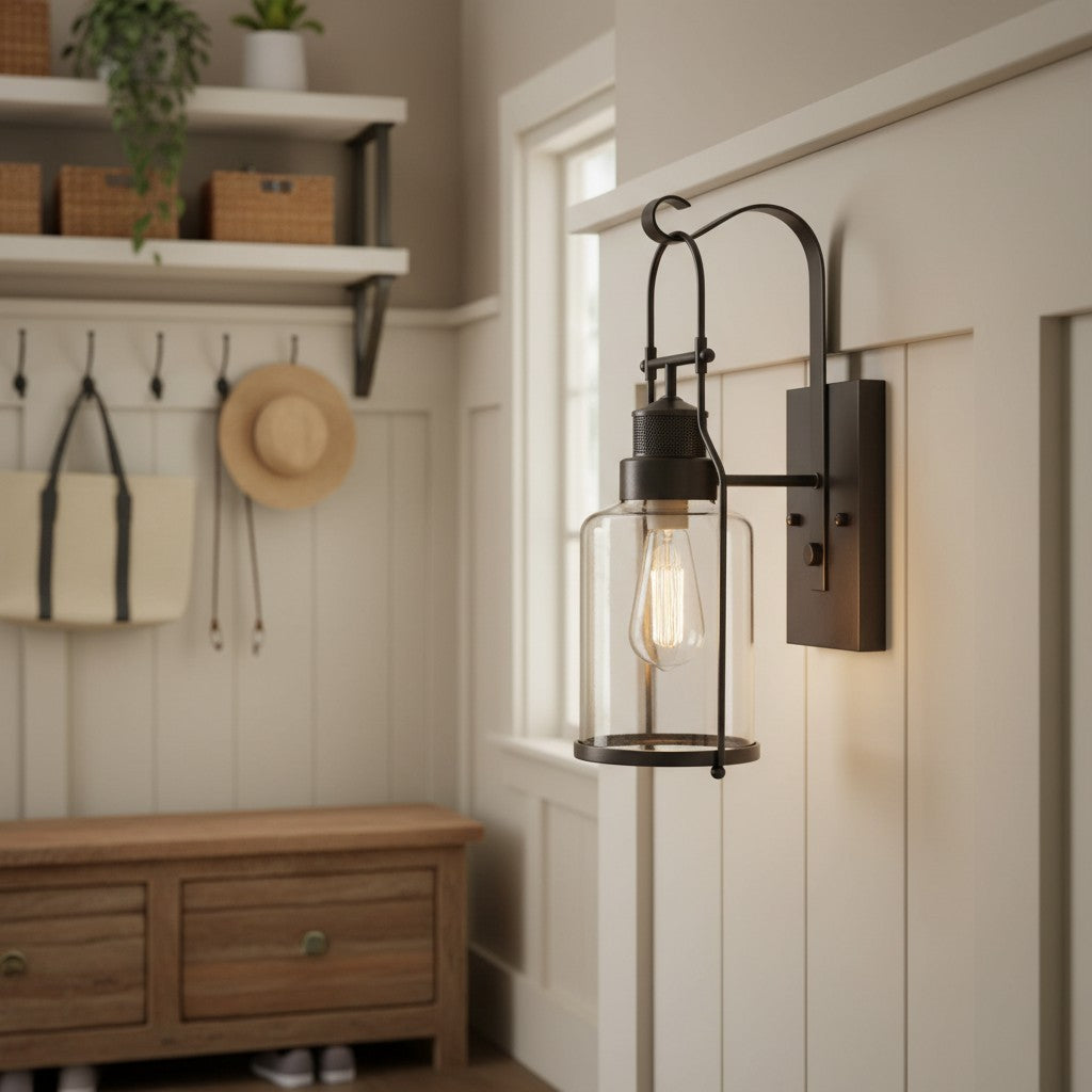 Bureau Industrial Antique Iron Glass Jar Wall Sconce