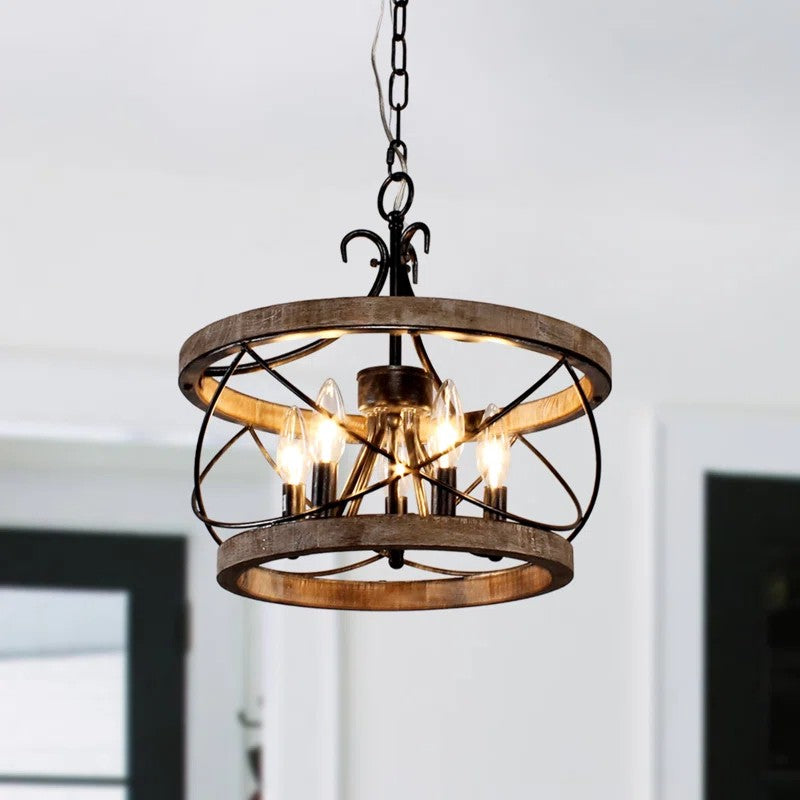 Cael Farmhouse Drum Wood Cage Pendant Light