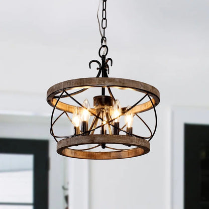 Cael Farmhouse Drum Wood Cage Pendant Light