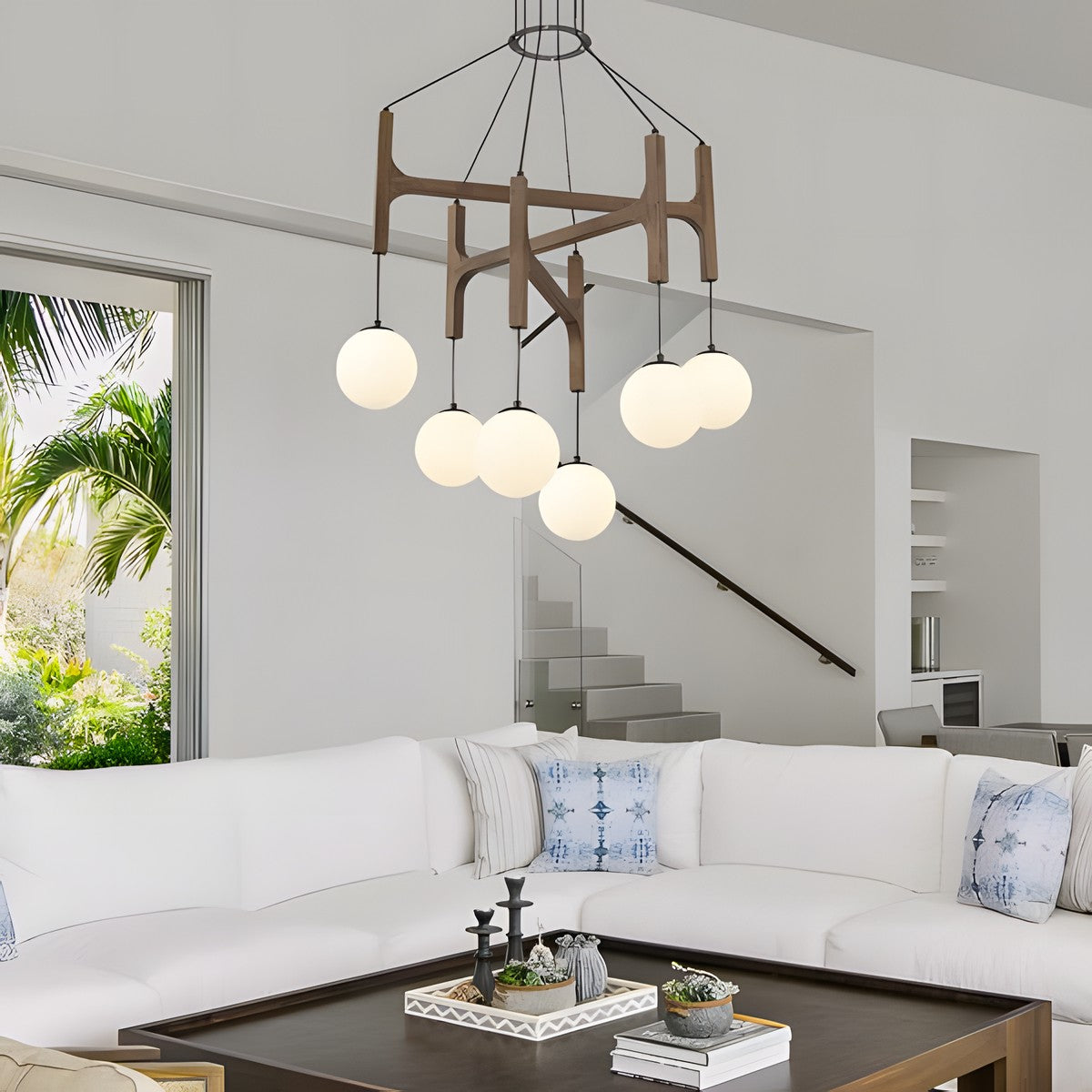 Astraea Farmhouse Wooden Branch Milk Glass Globe Chandelier