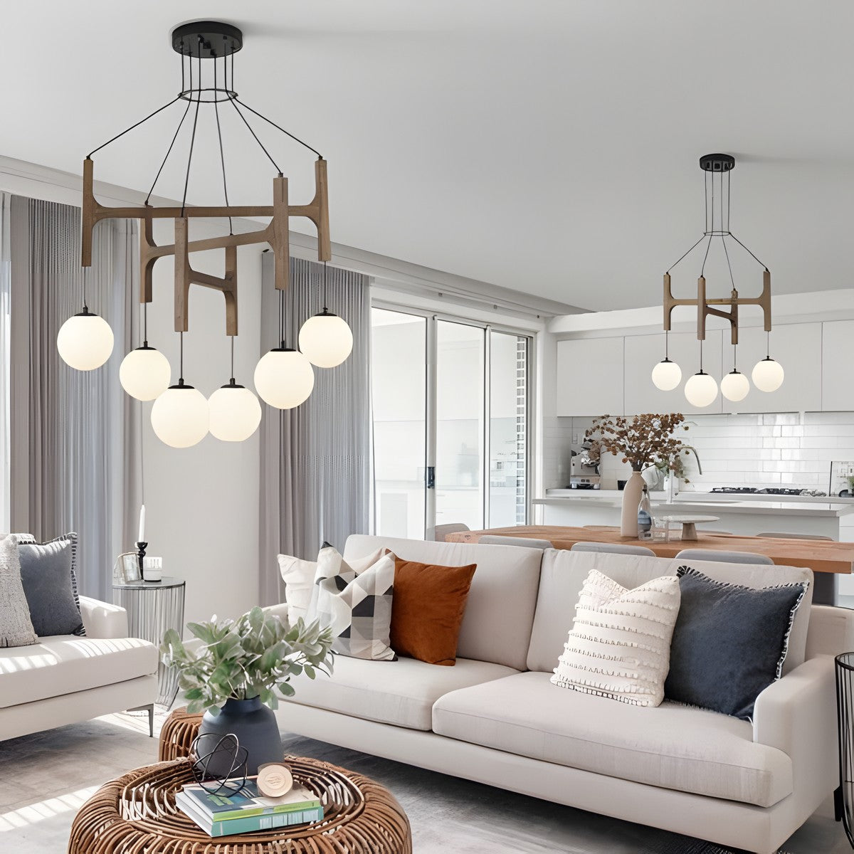 Astraea Farmhouse Wooden Branch Milk Glass Globe Chandelier