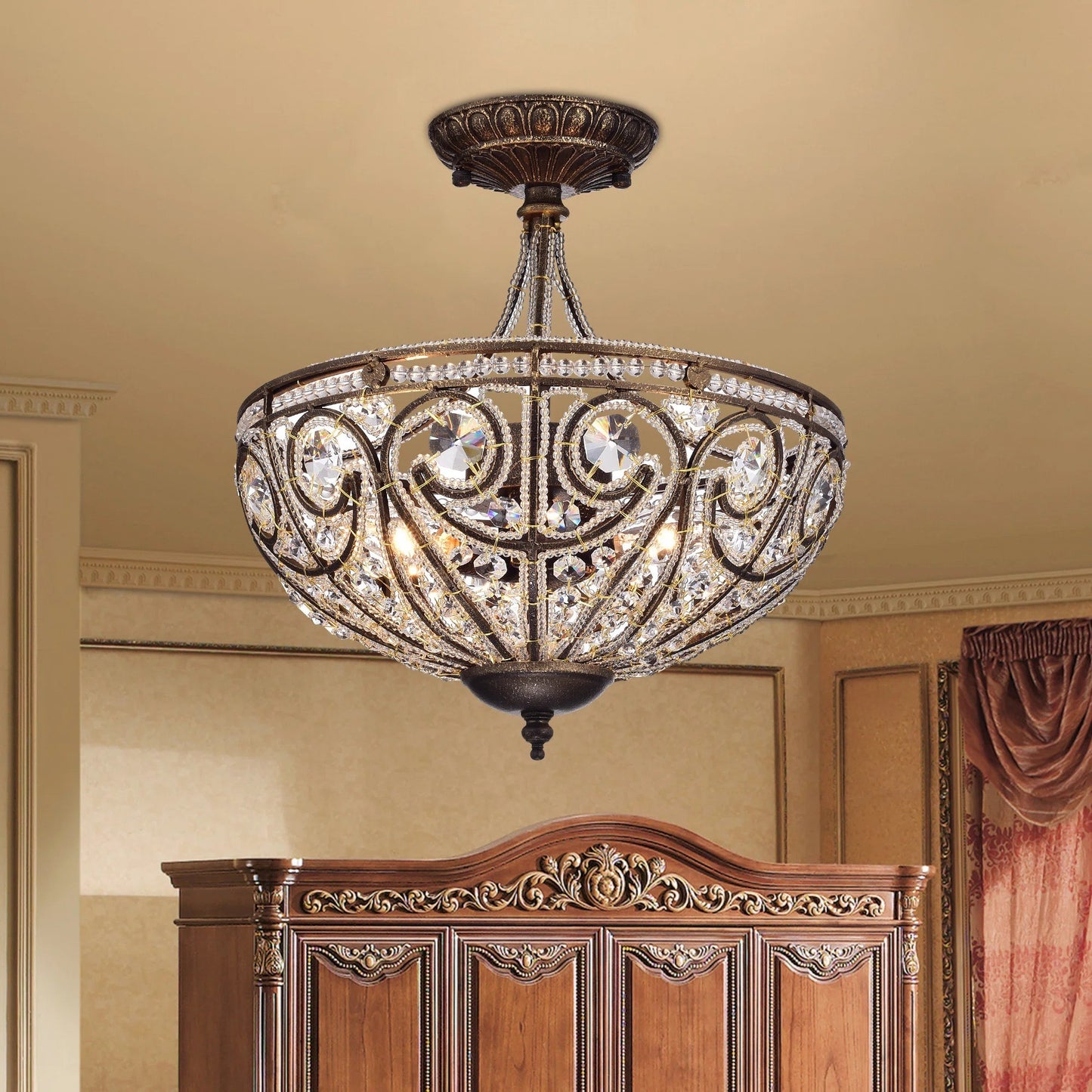 Ive Vintage Bronze Bowl 3-Light Crystal Semi Flush Ceiling Light