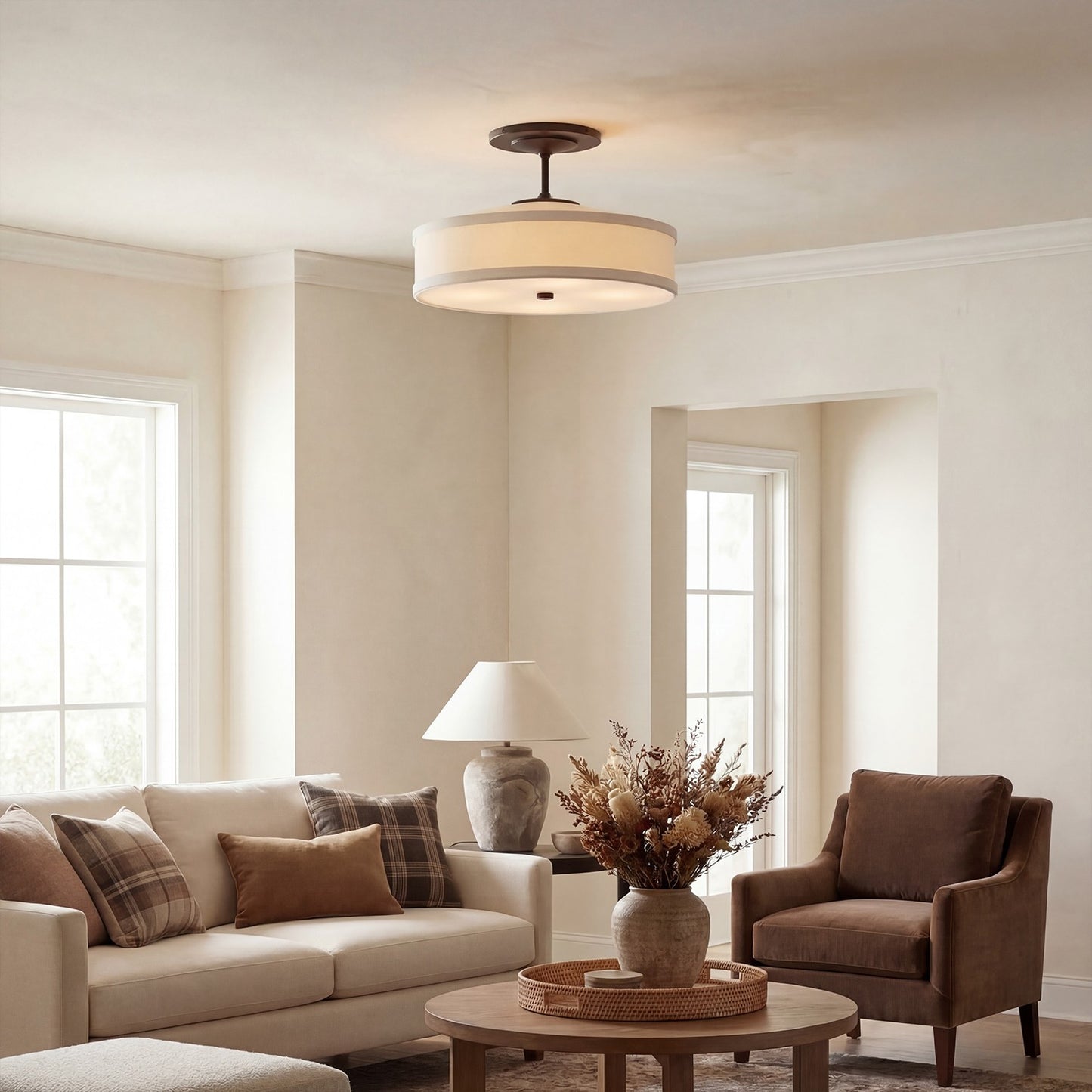 Delaney Rustic Fabric Drum Semi-Flush Mount Ceiling Light