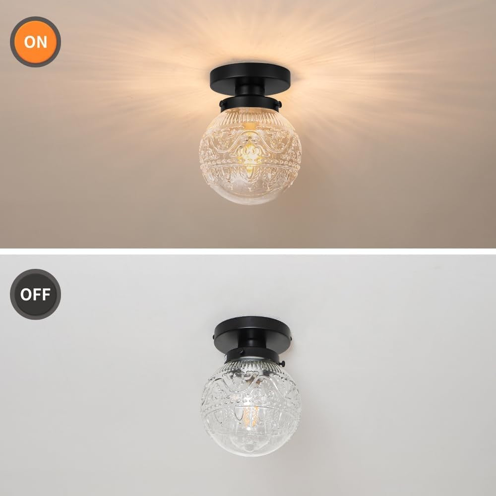 Ixionis Vintage Engraved Pattern Globe Glass Flush Mount Ceiling Light