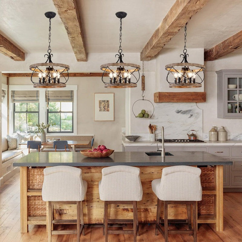 Cael Farmhouse Drum Wood Cage Pendant Light