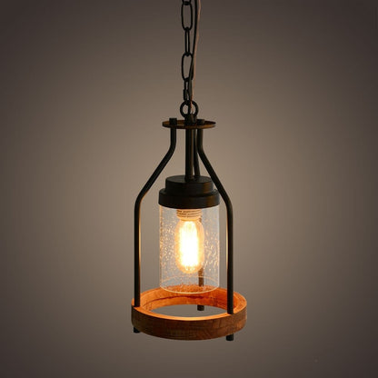 Doran Farmhouse Black Cage Cylinder Glass Pendant Light