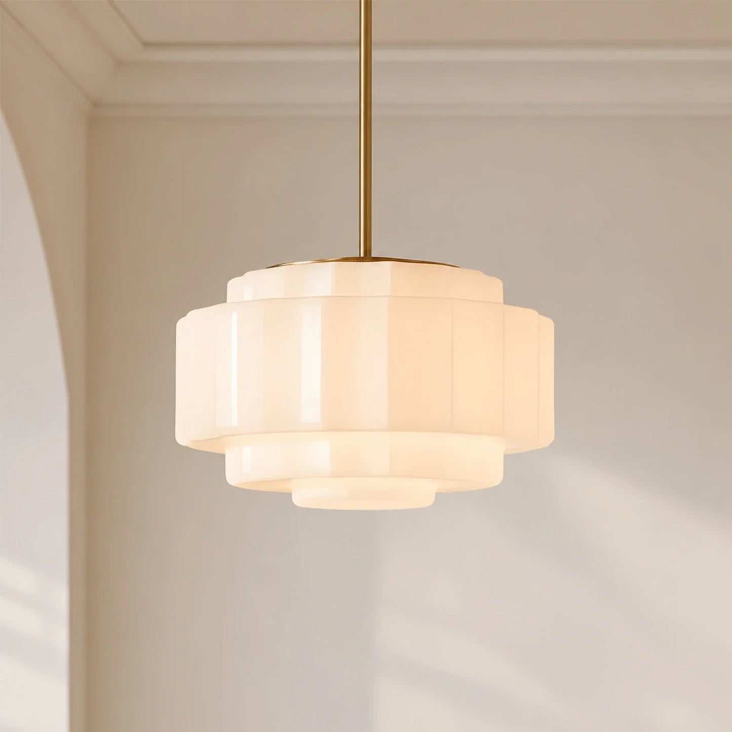 Zevian Antique Brass Tiered Opal White Glass Pendant Light
