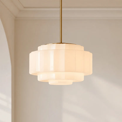Zevian Antique Brass Tiered Opal White Glass Pendant Light