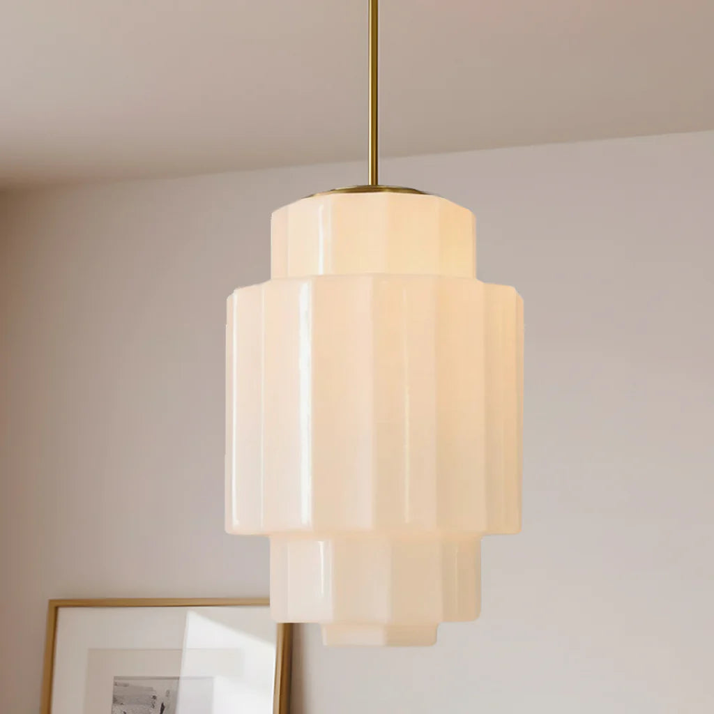 Zevian Antique Brass Tiered Opal White Glass Pendant Light