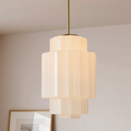 Zevian Antique Brass Tiered Opal White Glass Pendant Light