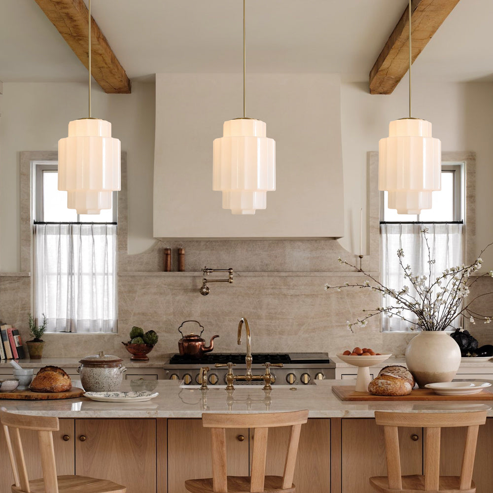 Zevian Antique Brass Tiered Opal White Glass Pendant Light