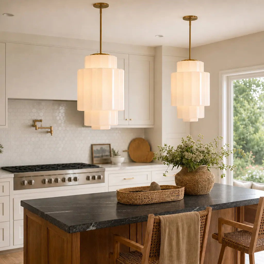 Zevian Antique Brass Tiered Opal White Glass Pendant Light