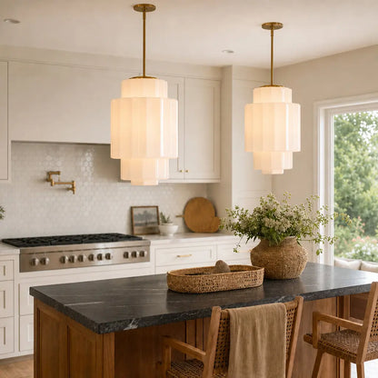 Zevian Antique Brass Tiered Opal White Glass Pendant Light