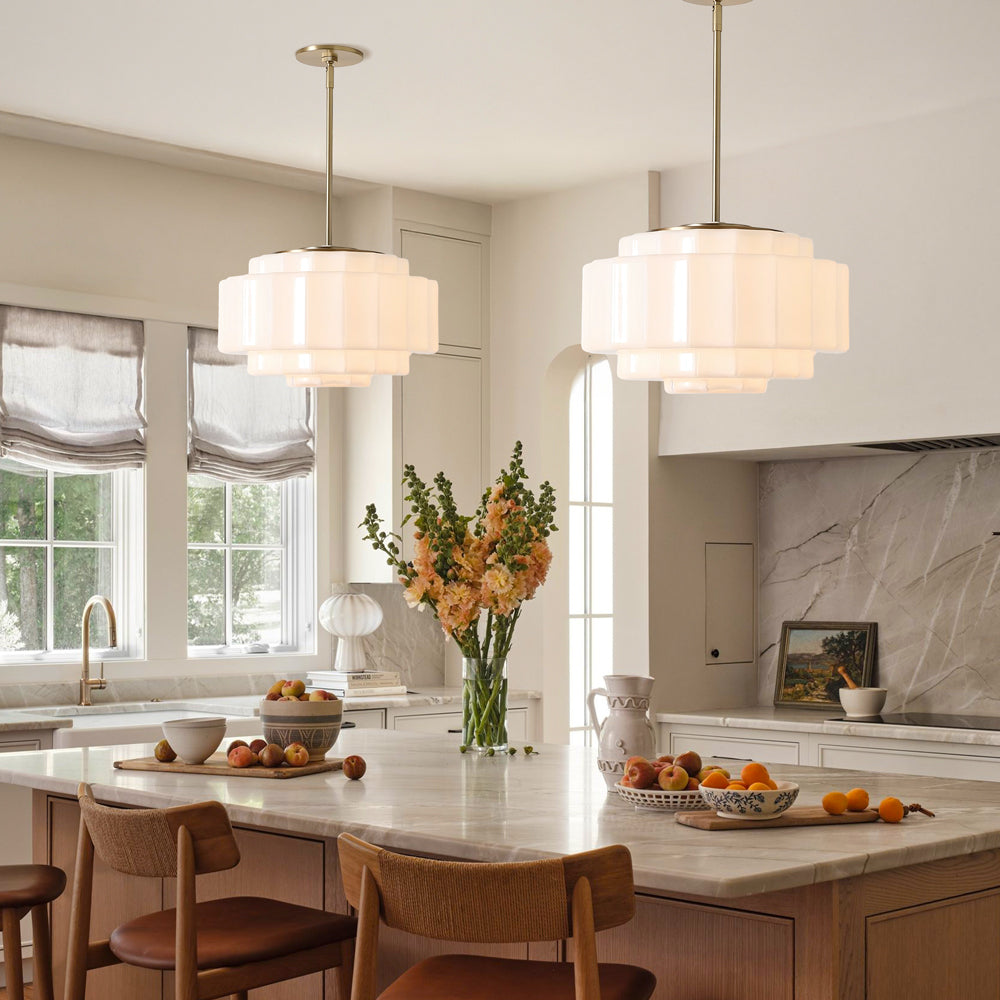 Zevian Antique Brass Tiered Opal White Glass Pendant Light