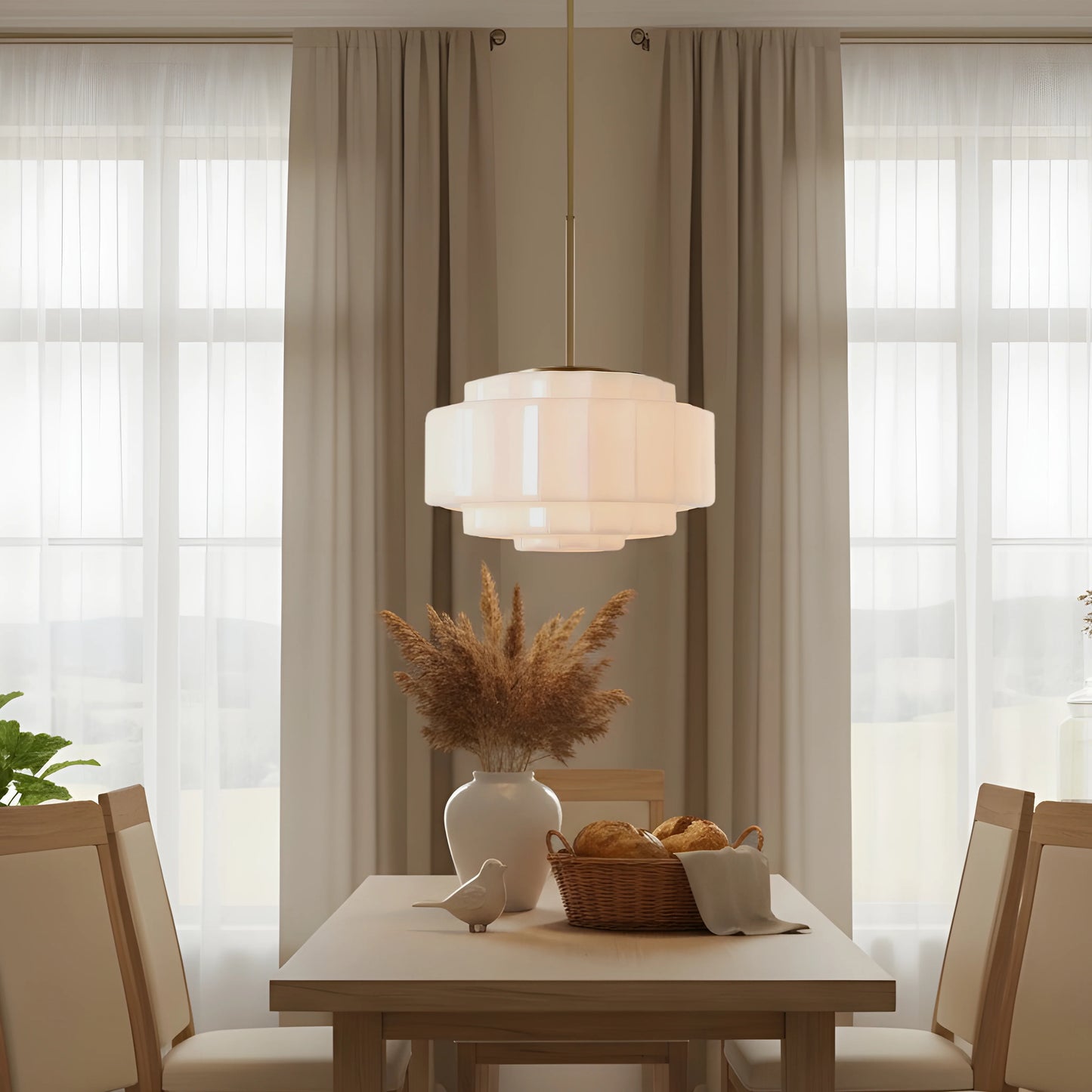 Zevian Antique Brass Tiered Opal White Glass Pendant Light