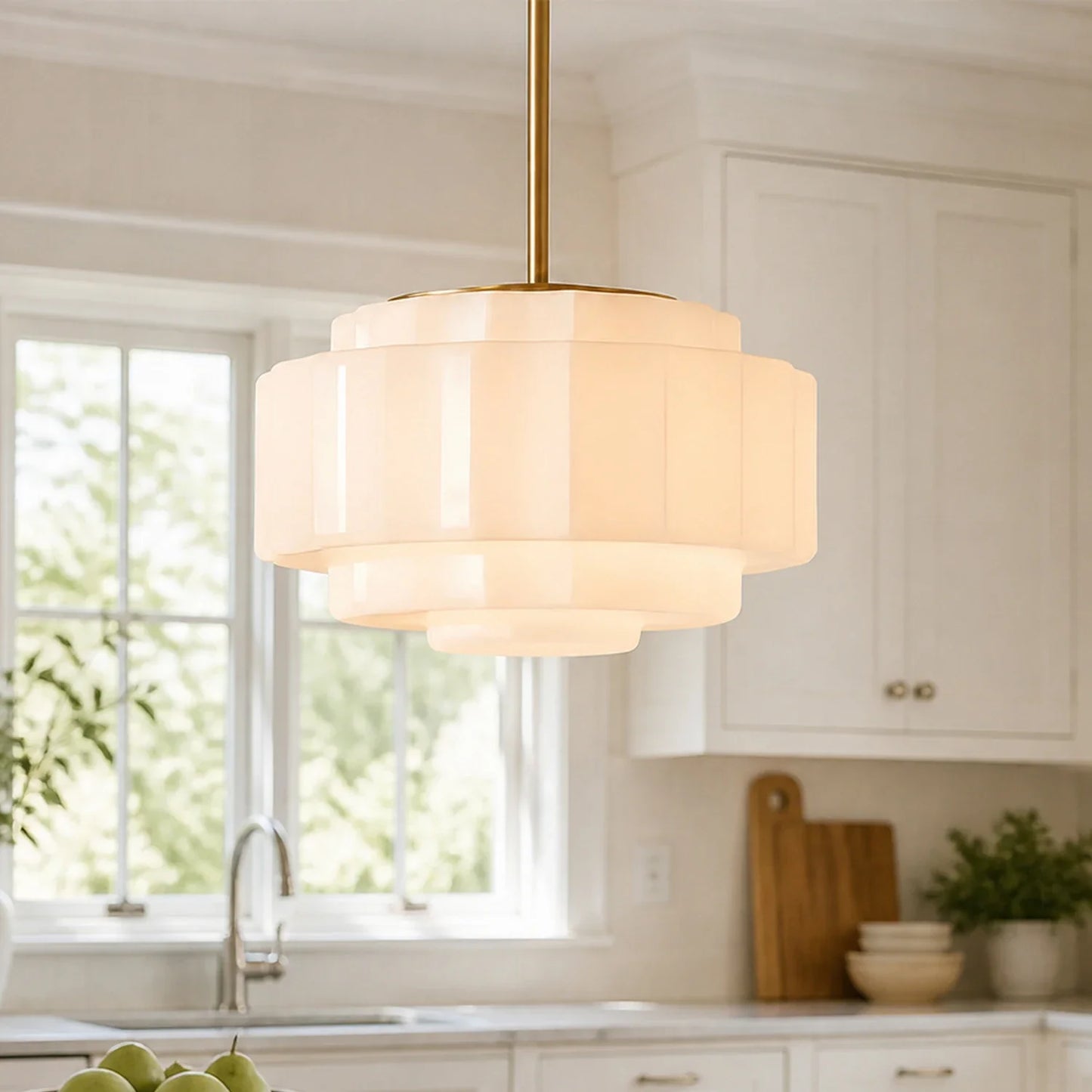 Zevian Antique Brass Tiered Opal White Glass Pendant Light