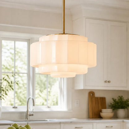 Zevian Antique Brass Tiered Opal White Glass Pendant Light