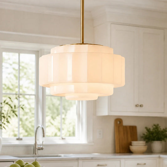 Zevian Antique Brass Tiered Opal White Glass Pendant Light