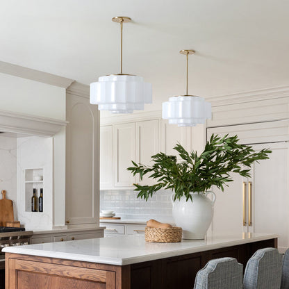 Zevian Antique Brass Tiered Opal White Glass Pendant Light