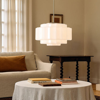 Zevian Antique Brass Tiered Opal White Glass Pendant Light