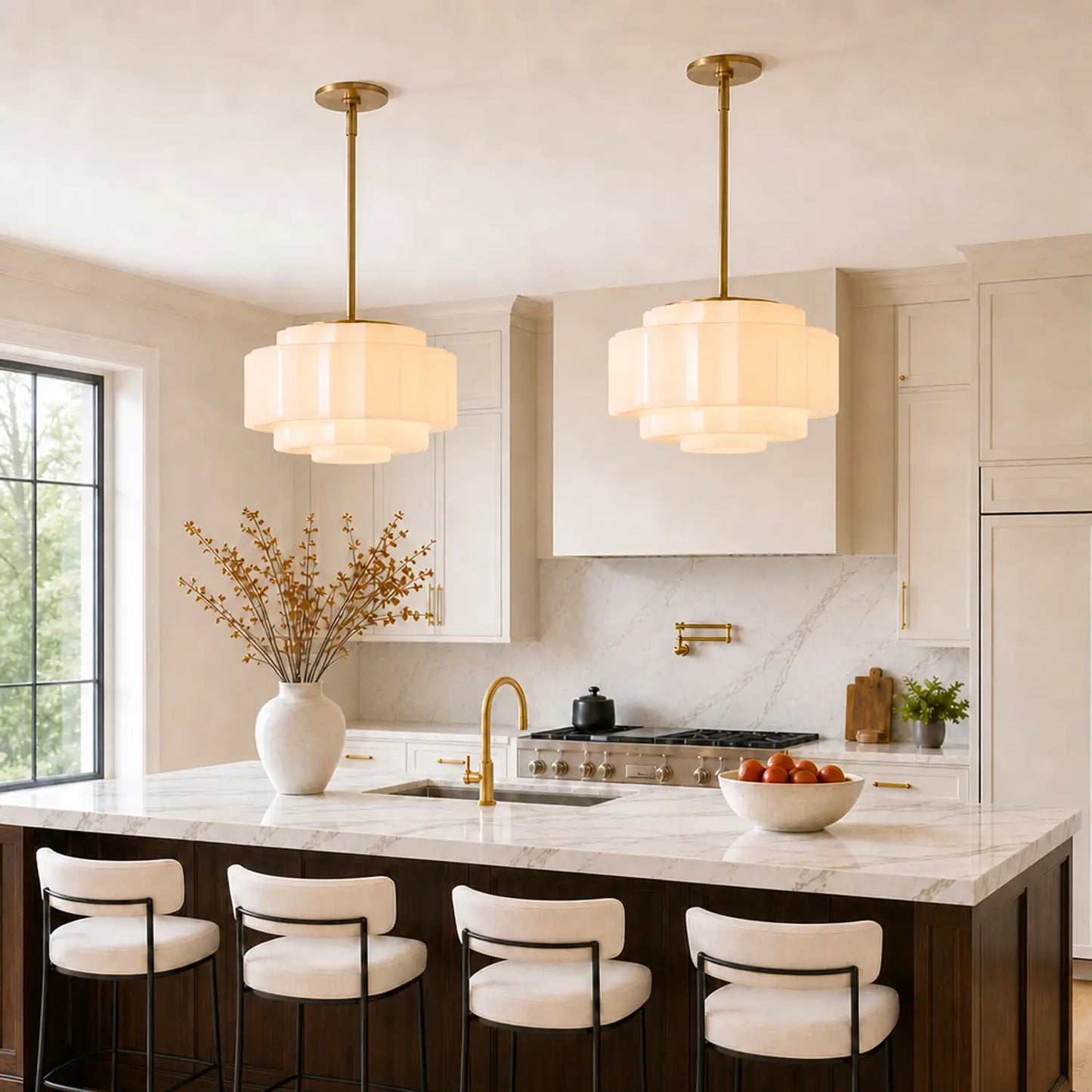 Zevian Antique Brass Tiered Opal White Glass Pendant Light