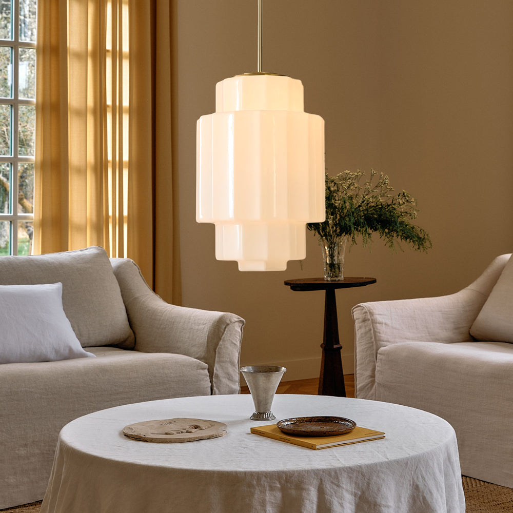 Zevian Antique Brass Tiered Opal White Glass Pendant Light