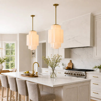 Zevian Antique Brass Tiered Opal White Glass Pendant Light
