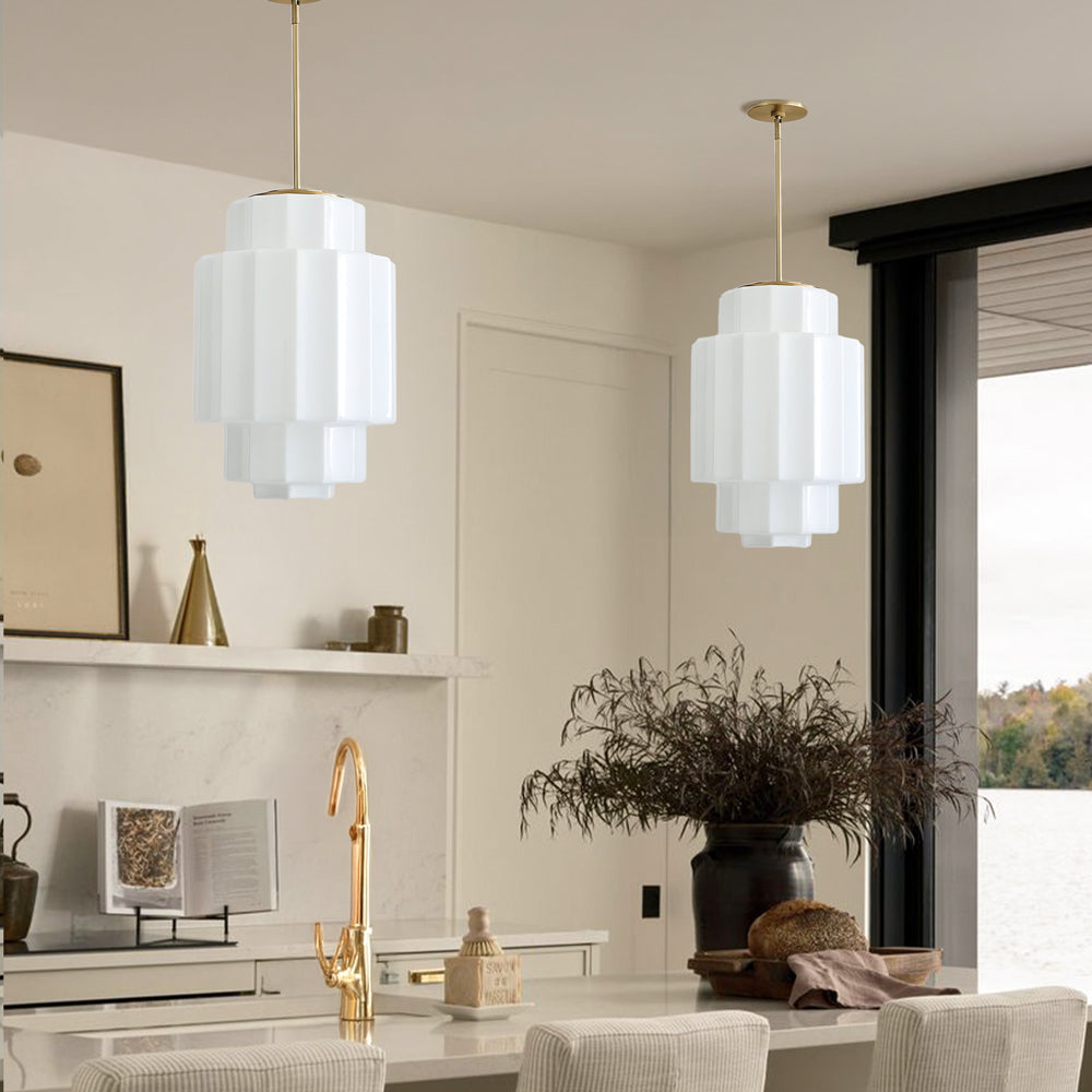 Zevian Antique Brass Tiered Opal White Glass Pendant Light