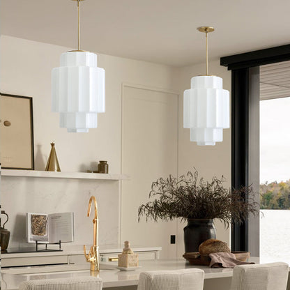 Zevian Antique Brass Tiered Opal White Glass Pendant Light