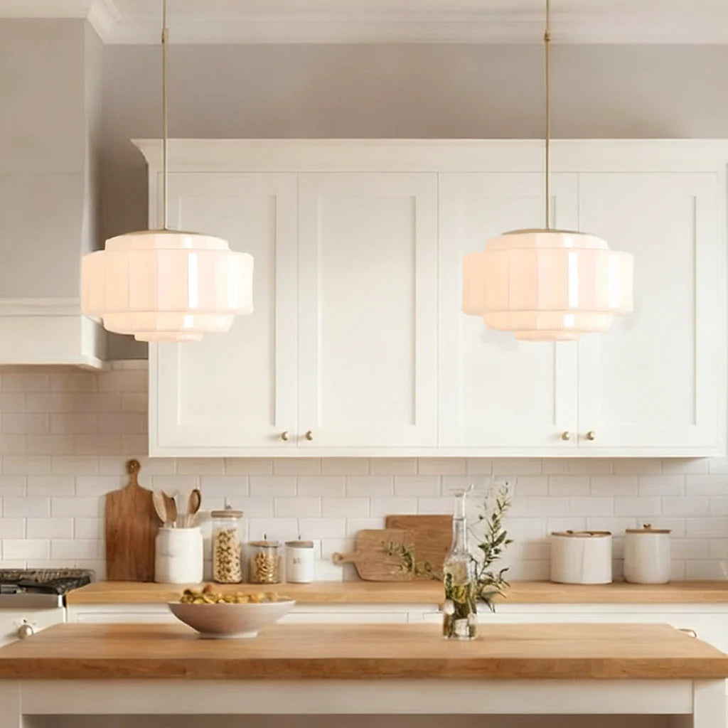 Zevian Antique Brass Tiered Opal White Glass Pendant Light