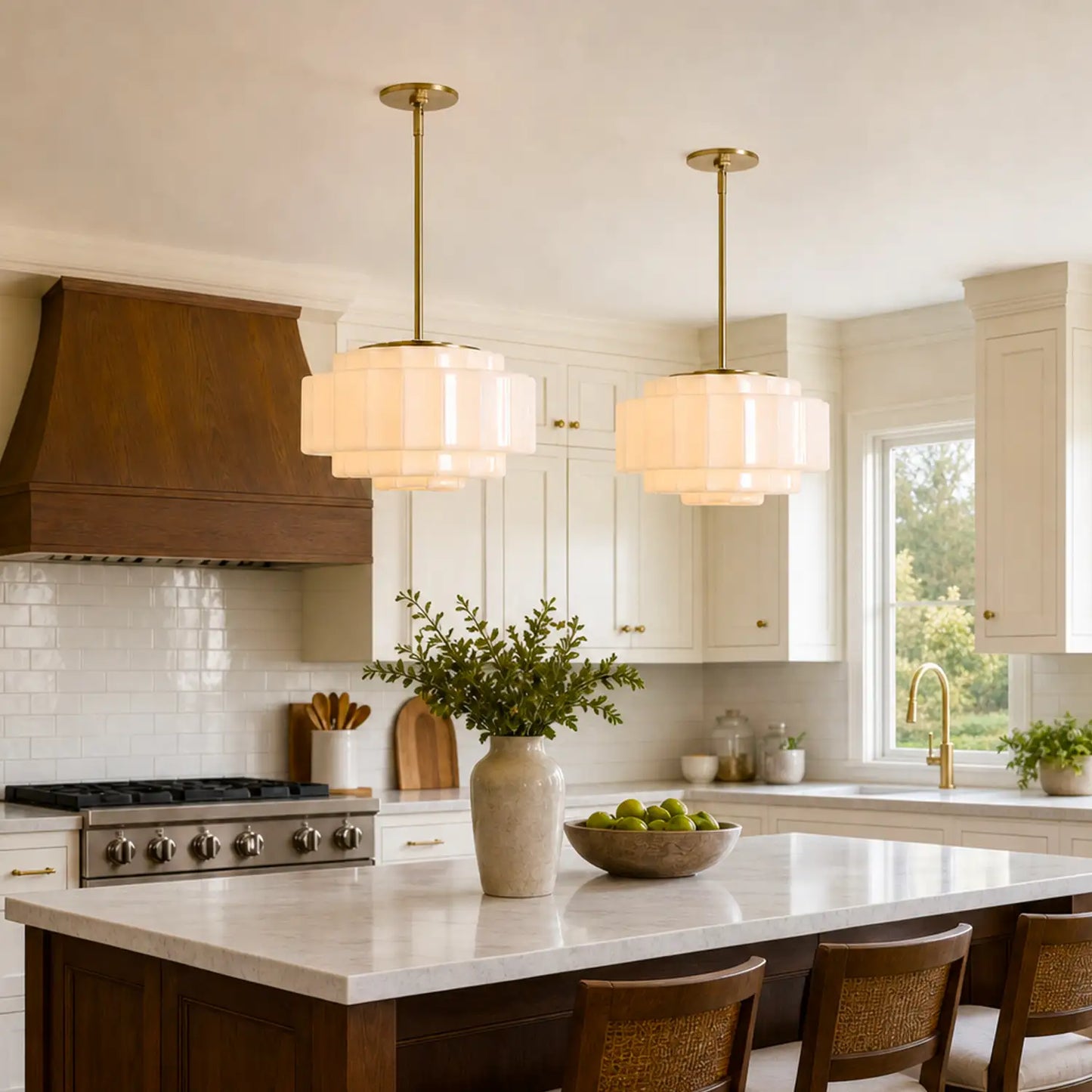 Zevian Antique Brass Tiered Opal White Glass Pendant Light