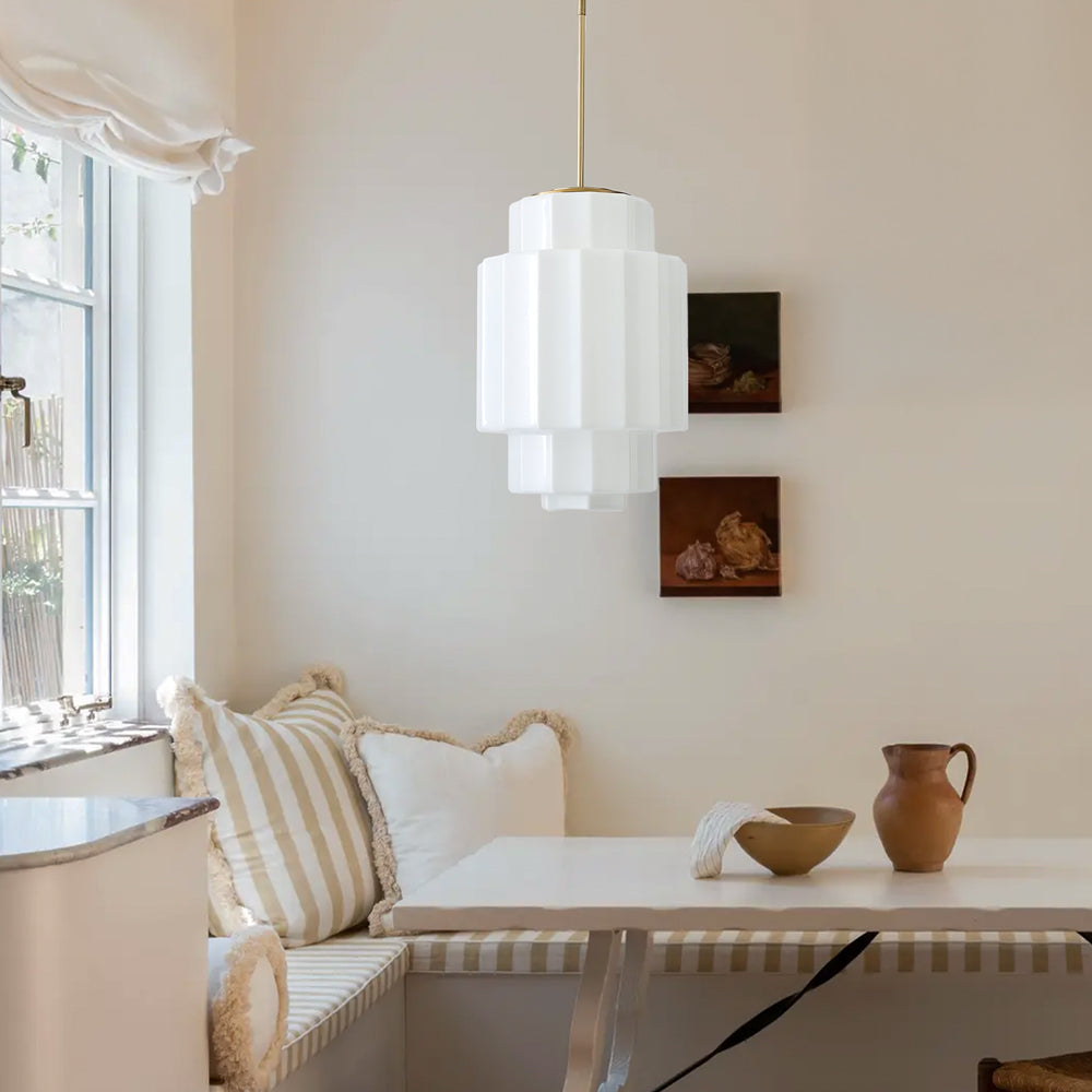 Zevian Antique Brass Tiered Opal White Glass Pendant Light
