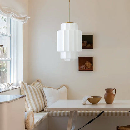 Zevian Antique Brass Tiered Opal White Glass Pendant Light
