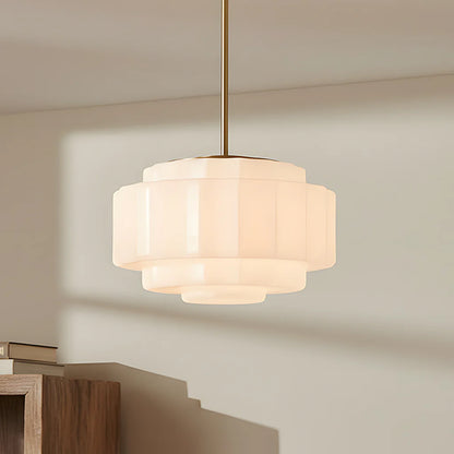 Zevian Antique Brass Tiered Opal White Glass Pendant Light