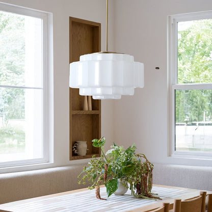 Zevian Antique Brass Tiered Opal White Glass Pendant Light