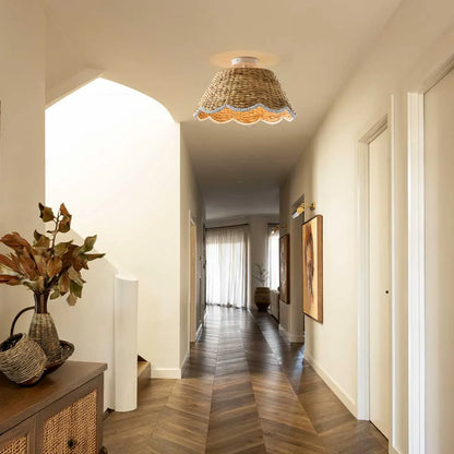 Veyron Bohemian Style Scallop Rattan Flush Mount Ceiling Light