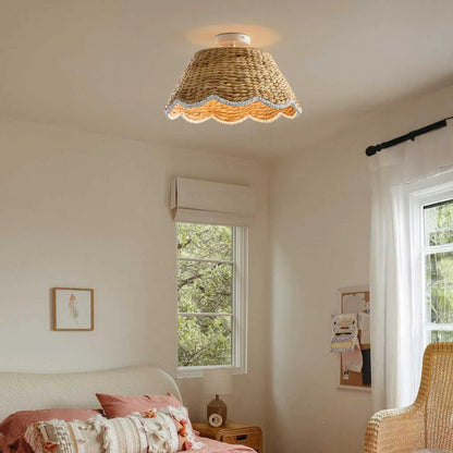 Veyron Bohemian Style Scallop Rattan Flush Mount Ceiling Light
