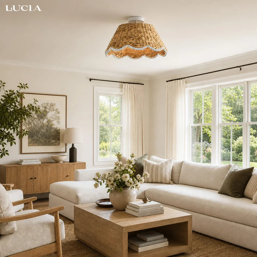 Veyron Bohemian Style Scallop Rattan Flush Mount Ceiling Light