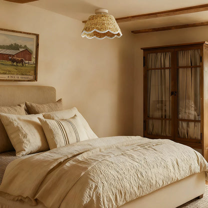 Veyron Bohemian Style Scallop Rattan Flush Mount Ceiling Light