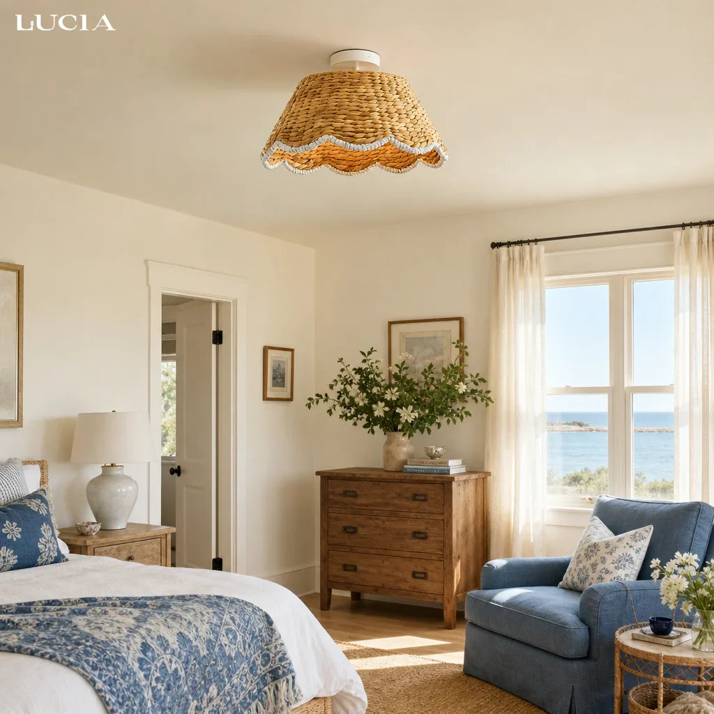 Veyron Bohemian Style Scallop Rattan Flush Mount Ceiling Light