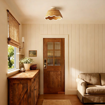 Veyron Bohemian Style Scallop Rattan Flush Mount Ceiling Light