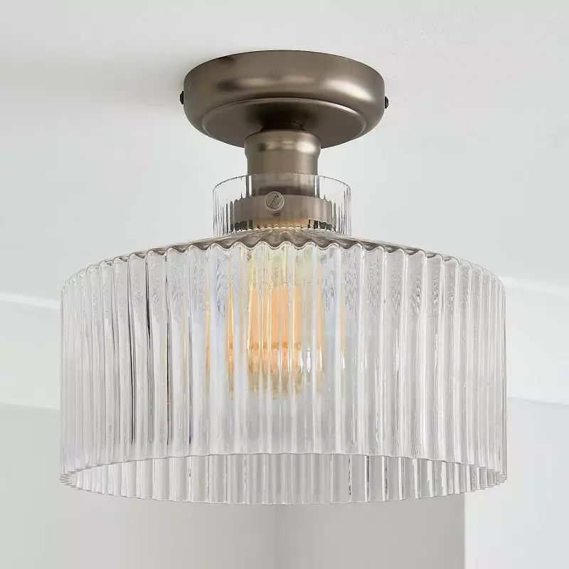 Ilyan Vintage Ribbed Glass Drum Flush Mount Ceiling Light