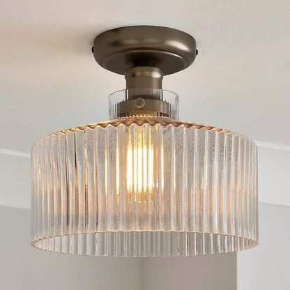 Ilyan Vintage Ribbed Glass Drum Flush Mount Ceiling Light
