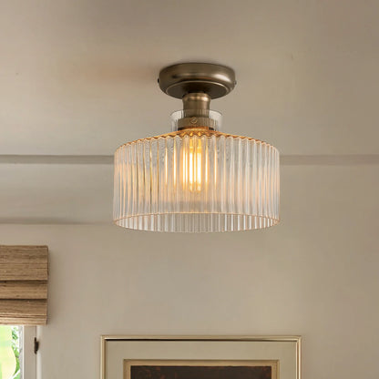 Ilyan Vintage Ribbed Glass Drum Flush Mount Ceiling Light