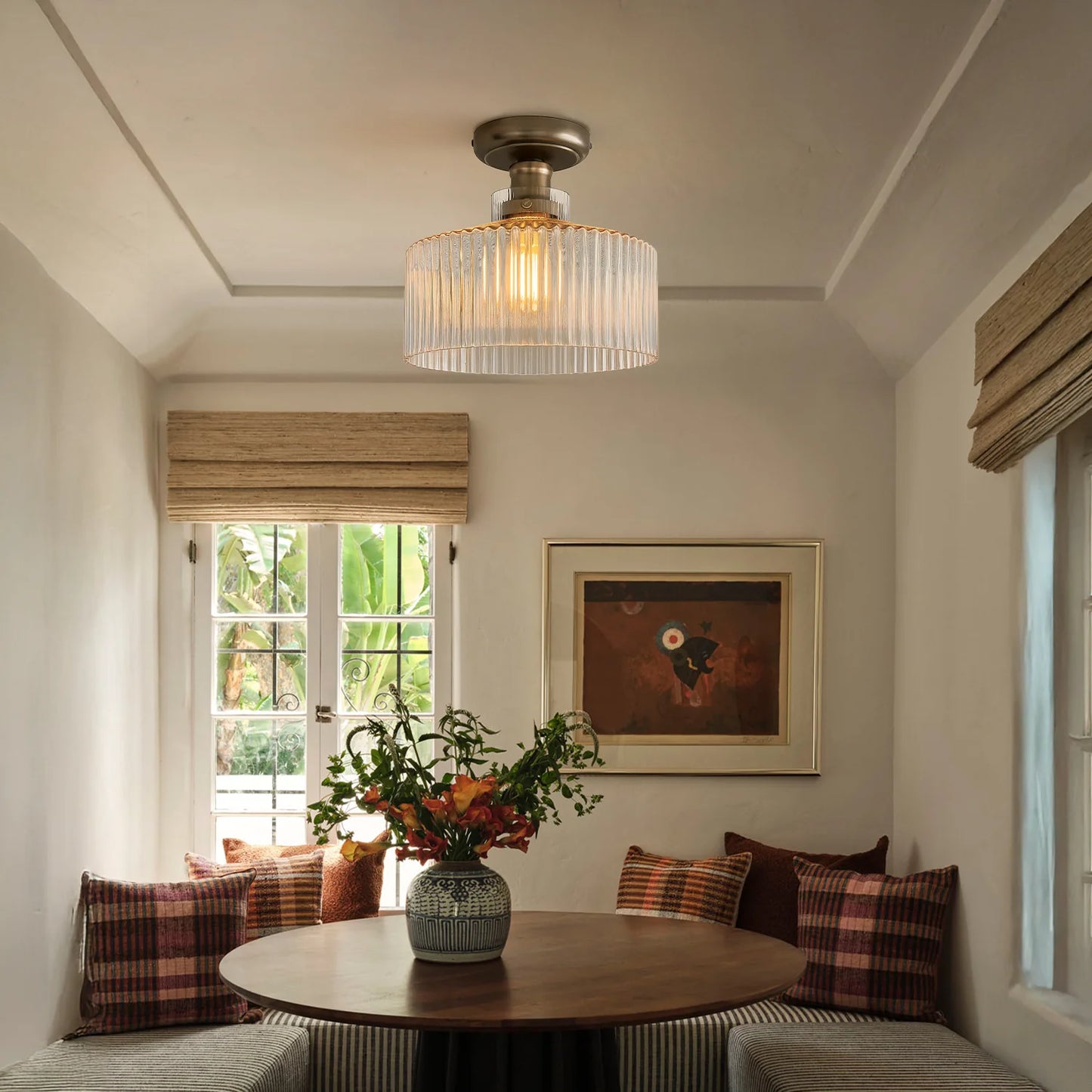 Ilyan Vintage Ribbed Glass Drum Flush Mount Ceiling Light