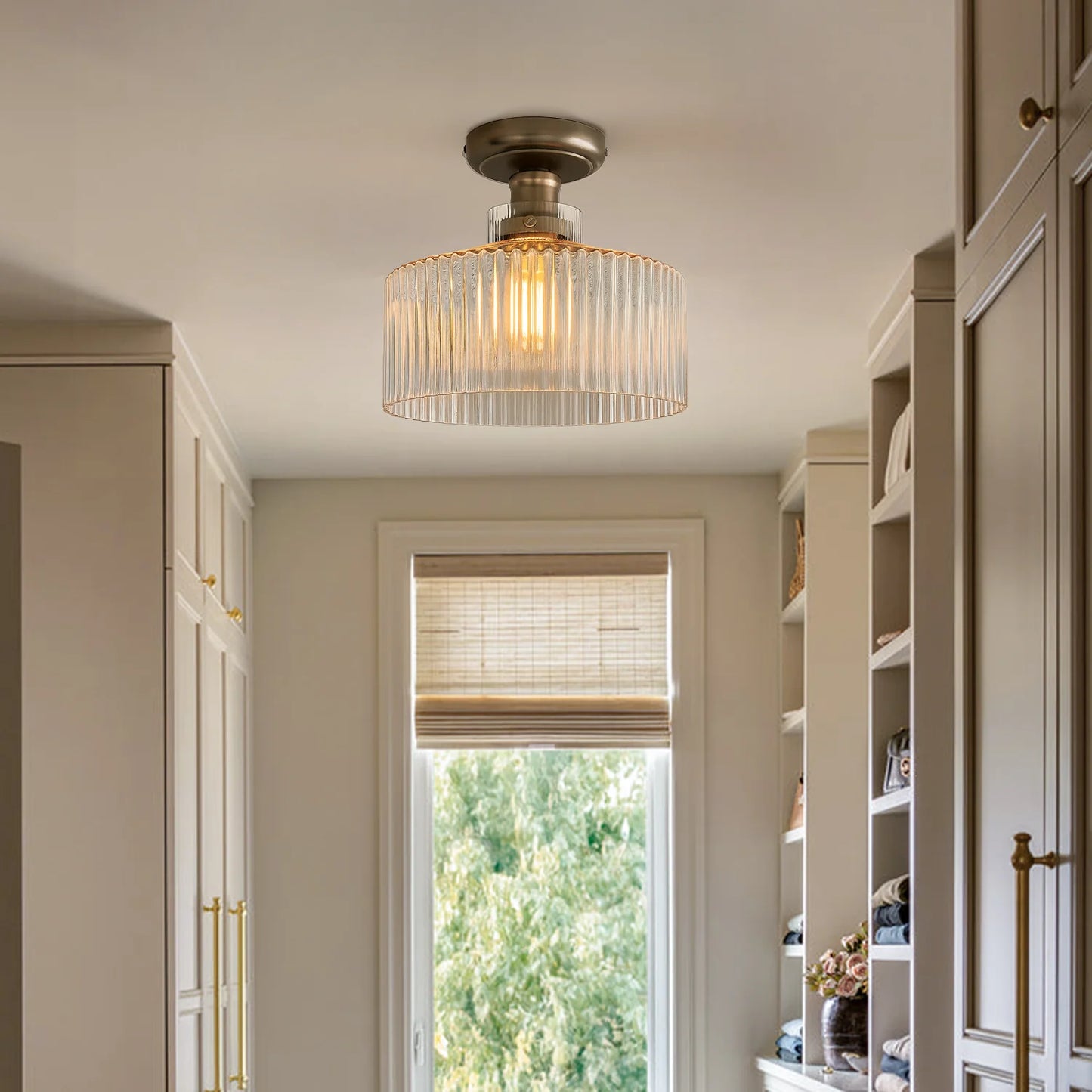 Ilyan Vintage Ribbed Glass Drum Flush Mount Ceiling Light