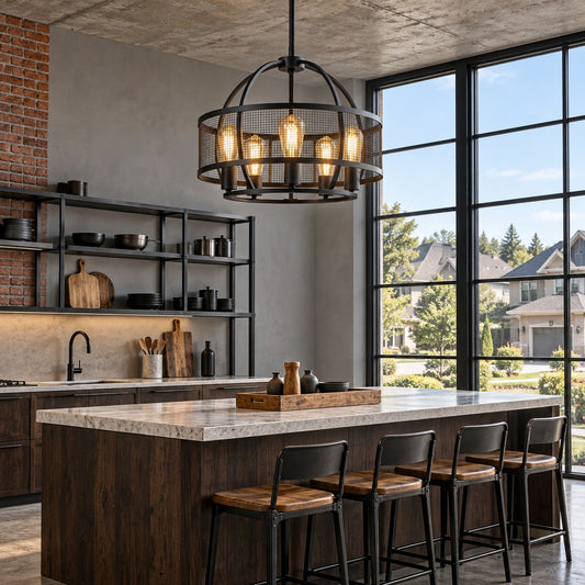 Iker Industrial Black 5-Light Metal Drum Chandelier