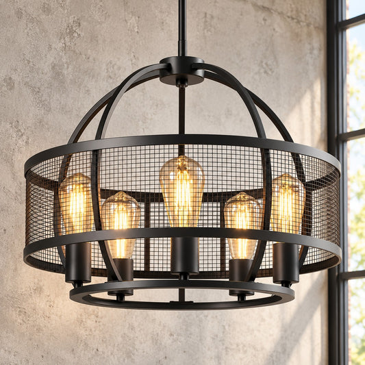 Iker Industrial Black 5-Light Metal Drum Chandelier